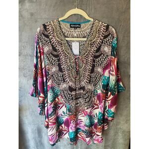 Boho Silk Viscose Large Kimono Top Art-to-Wear Beaded V-Neck Tropical Resort NWT